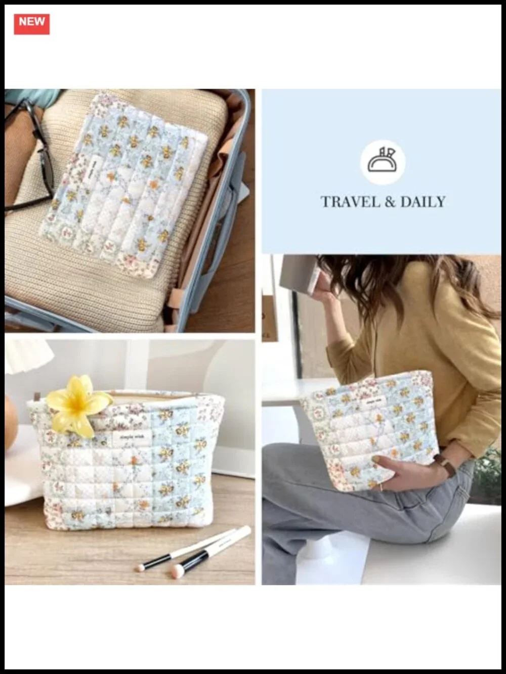 Quilted Cotton Makeup Bag Travel Toiletry Zipper Pouch Purse Organizer